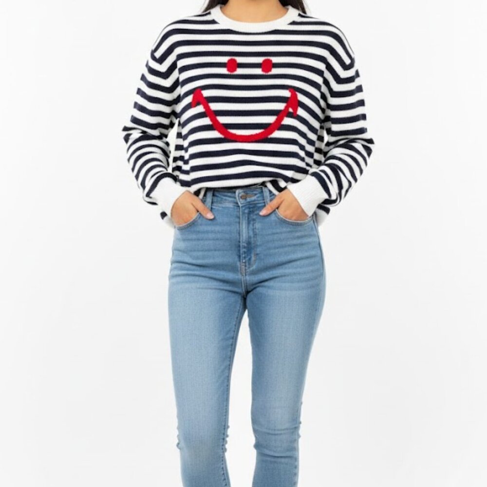 Joshua Sanders Striped smiley Cotton Crewneck Relaxed Sweater Size Large
